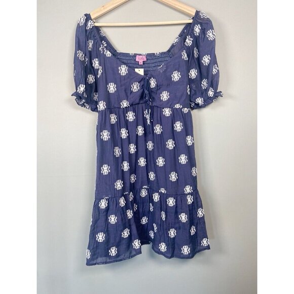 Francesca’s Mi Ami Short Sleeve Tiered Babydoll Dress Navy Blue Size M Smocked - Picture 1 of 14
